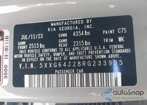 2024 Kia K5 Gt-Line из США, поврежденный, VIN 5XXG64J28RG233995